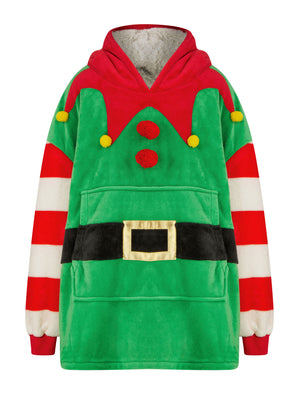 Kids Elf Novelty Soft Fleece Borg Lined Oversized Hooded Blanket with Pocket in Green  - Merry Christmas Kids  (4-12yrs)