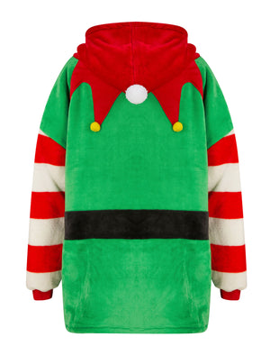 Kids Elf Novelty Soft Fleece Borg Lined Oversized Hooded Blanket with Pocket in Green  - Merry Christmas Kids  (4-12yrs)