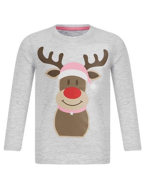 Girl's Rudolph Motif 2pc Lounge Pyjama Set in Ice Grey Marl / Pink White Check - Merry Christmas Kids (4-12yrs)