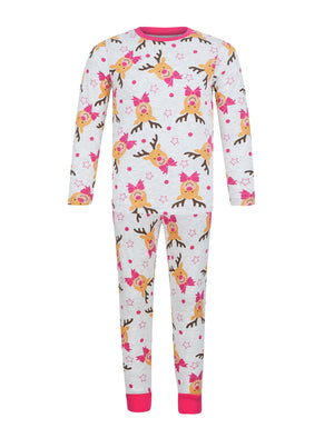 Girl's Rudolph Repeat Motif 2PC Lounge Pyjama Set in Ice Grey Marl - Merry Christmas Kids (4-12yrs)