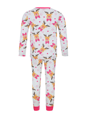 Girl's Rudolph Repeat Motif 2PC Lounge Pyjama Set in Ice Grey Marl - Merry Christmas Kids (4-12yrs)