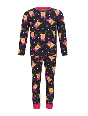 Girl's Rudolph Repeat Motif 2PC Lounge Pyjama Set in Navy - Merry Christmas Kids (4-12yrs)