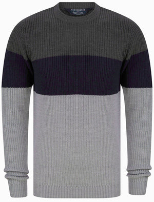 Levy Tri-Colour Block Crew Neck Soft Knitted Jumper in Dark Grey Marl - Kensington Eastside