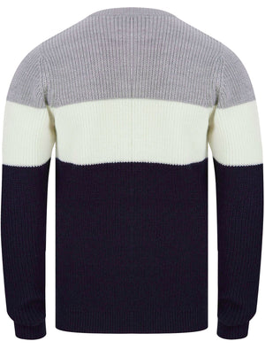 Levy Tri-Colour Block Crew Neck Soft Knitted Jumper in Light Silver Marl - Kensington Eastside