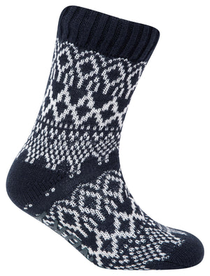 Atlantia Jacquard Fairisle Print Borg Lined Chunky Knit Slipper Socks in Navy - triatloandratx