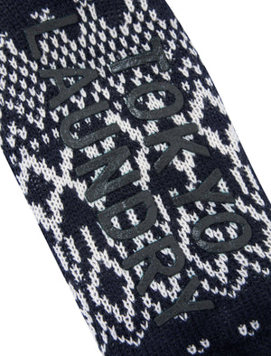 Atlantia Jacquard Fairisle Print Borg Lined Chunky Knit Slipper Socks in Navy - triatloandratx