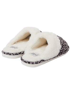 Bogota Faux Suede Mule Slippers with Faux Fur Lining & Trim in Grey Leopard - triatloandratx