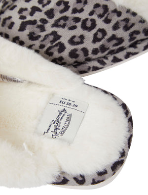 Bogota Faux Suede Mule Slippers with Faux Fur Lining & Trim in Grey Leopard - triatloandratx