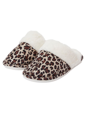 Bogota Faux Suede Mule Slippers with Faux Fur Lining & Trim in Leopard Print - triatloandratx