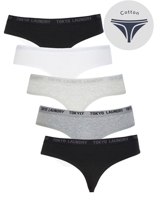 Bonny (5 Pack) Cotton Assorted Thongs in Black / White / Light Grey Marl / Mid Grey Marl - triatloandratx