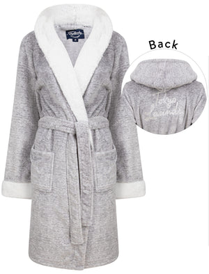 Women's Godalming Soft Fleece Tie Robe Dressing Gown with Borg Lined Hood & Trims in Grey- triatloandratx