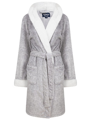 Women's Godalming Soft Fleece Tie Robe Dressing Gown with Borg Lined Hood & Trims in Grey- triatloandratx