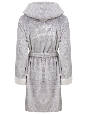 Women's Godalming Soft Fleece Tie Robe Dressing Gown with Borg Lined Hood & Trims in Grey- triatloandratx