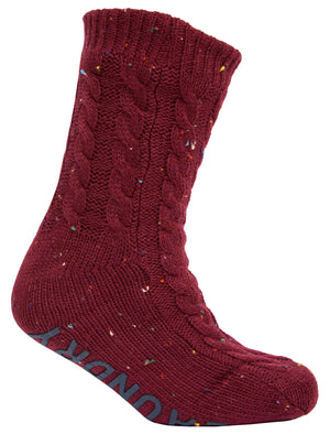 Leven Borg Lined Chunky Cable Knit Slipper Socks in Oxblood Nep - triatloandratx