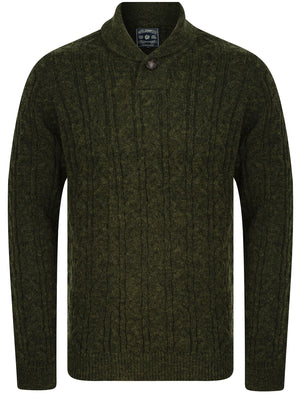 Parallax Wool Blend Shawl Neck Cable Knit Jumper in Green - triatloandratx