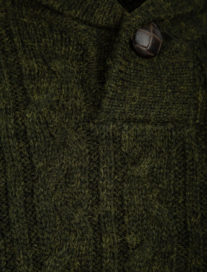 Parallax Wool Blend Shawl Neck Cable Knit Jumper in Green - triatloandratx