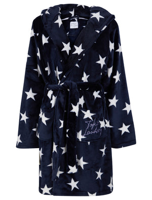 Women's Stars Soft Fleece Tie Robe Dressing Gown with Hooded Ears in Eclipse Blue - triatloandratx