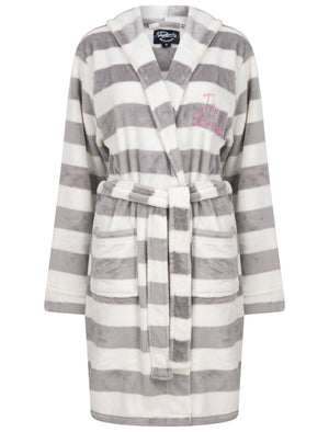 Women's Surry Striped Soft Fleece Tie Robe Dressing Gown with Hood in Grey / White - triatloandratx