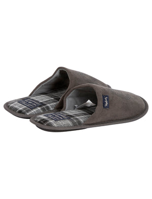 Taylored Fleece Lined Mule Slippers with Checked Lining in Grey - triatloandratx
