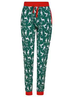 Women's Stag Head Foil Motif 2PC Cotton Lounge Pyjama Set in Green - Merry Christmas