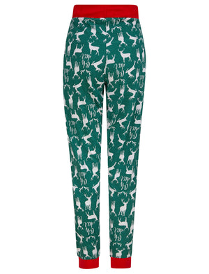 Women's Stag Head Foil Motif 2PC Cotton Lounge Pyjama Set in Green - Merry Christmas