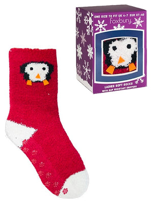 Ladies Stella Chenille Penguin Novelty Socks in Red