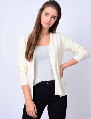 Monet V Neck Button Up Cardigan in Clean Cream - Plum Tree