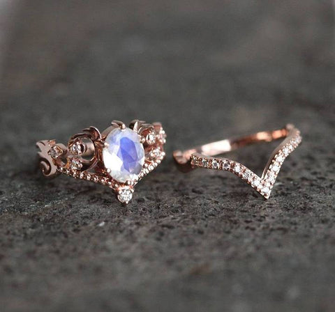 Vintage Moonstone and Diamond Bridal Ring Set