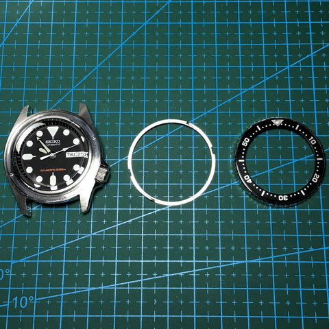 (Left) Watch case frame, (Middle) bezel click spring and (Right) bezel with insert - Tutorial on How to modify your SEIKO Bezels and Bezel Inserts by Lucius Atelier