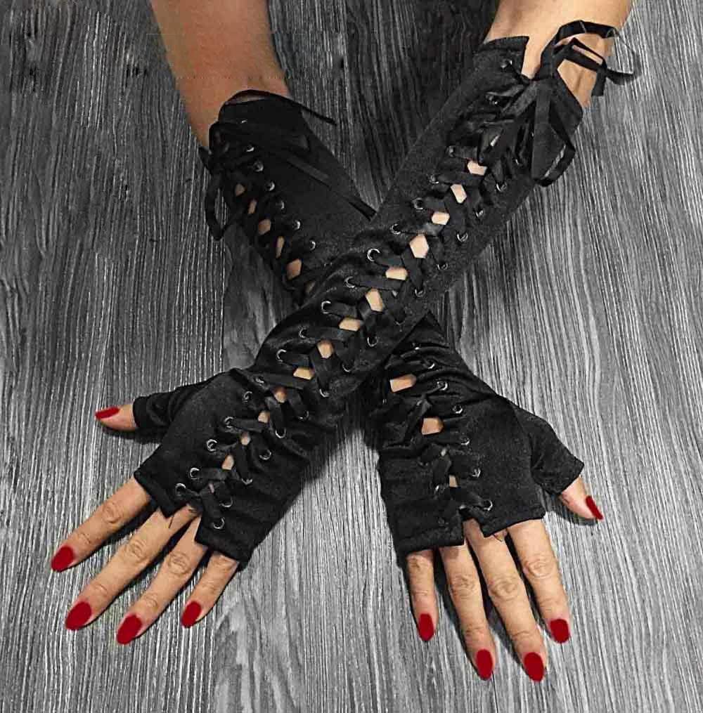 long black satin fingerless gloves