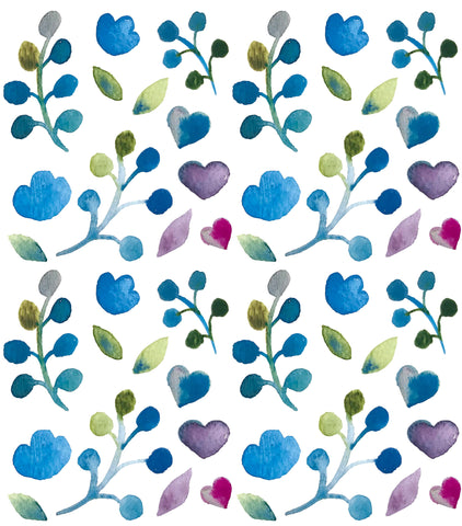 blue floral with hearts repeating pattern