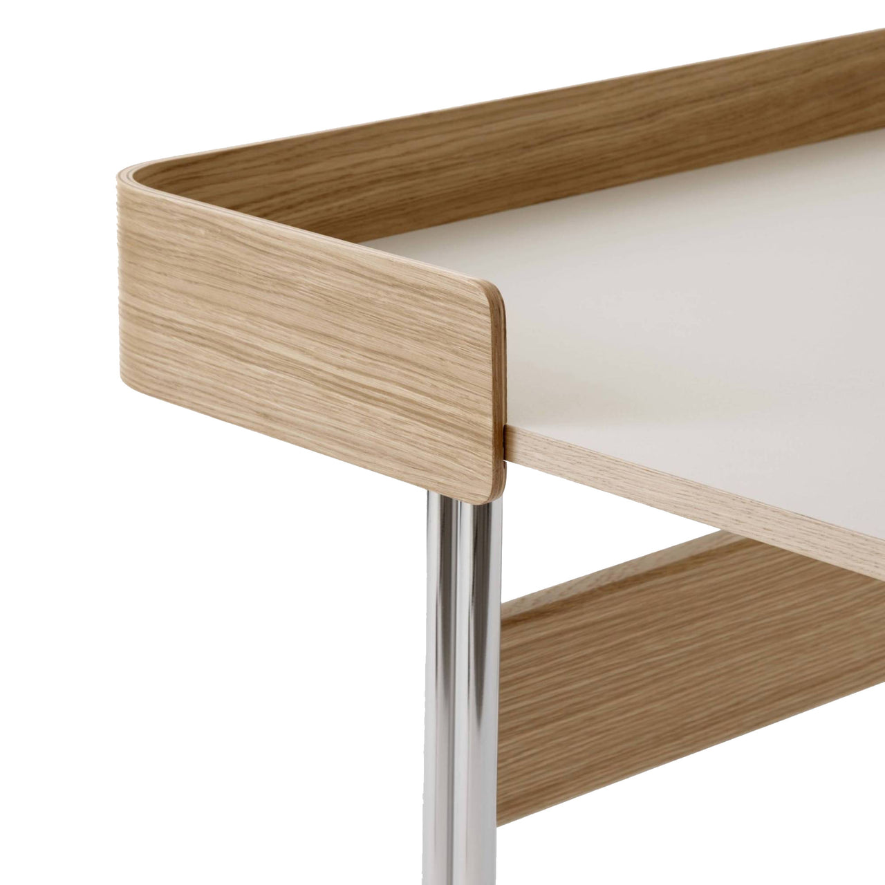 Pavilion Desk: Mushroom Linoleum + Lacquered Oak + Chrome + High