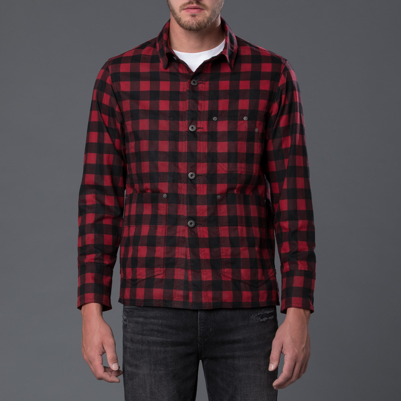 Red Plaid Waxed Cotton Chore Jacket