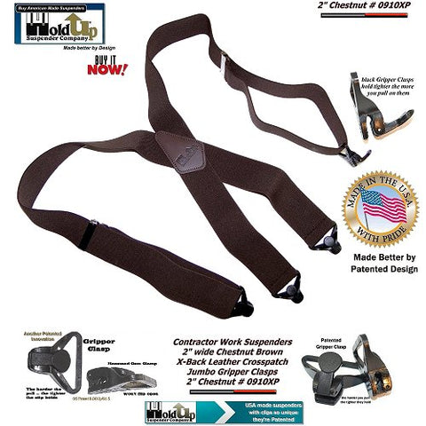 Contractor Series Holdup Chestnut dark brown X-back work suspenders with jumbo Gripper Clasps