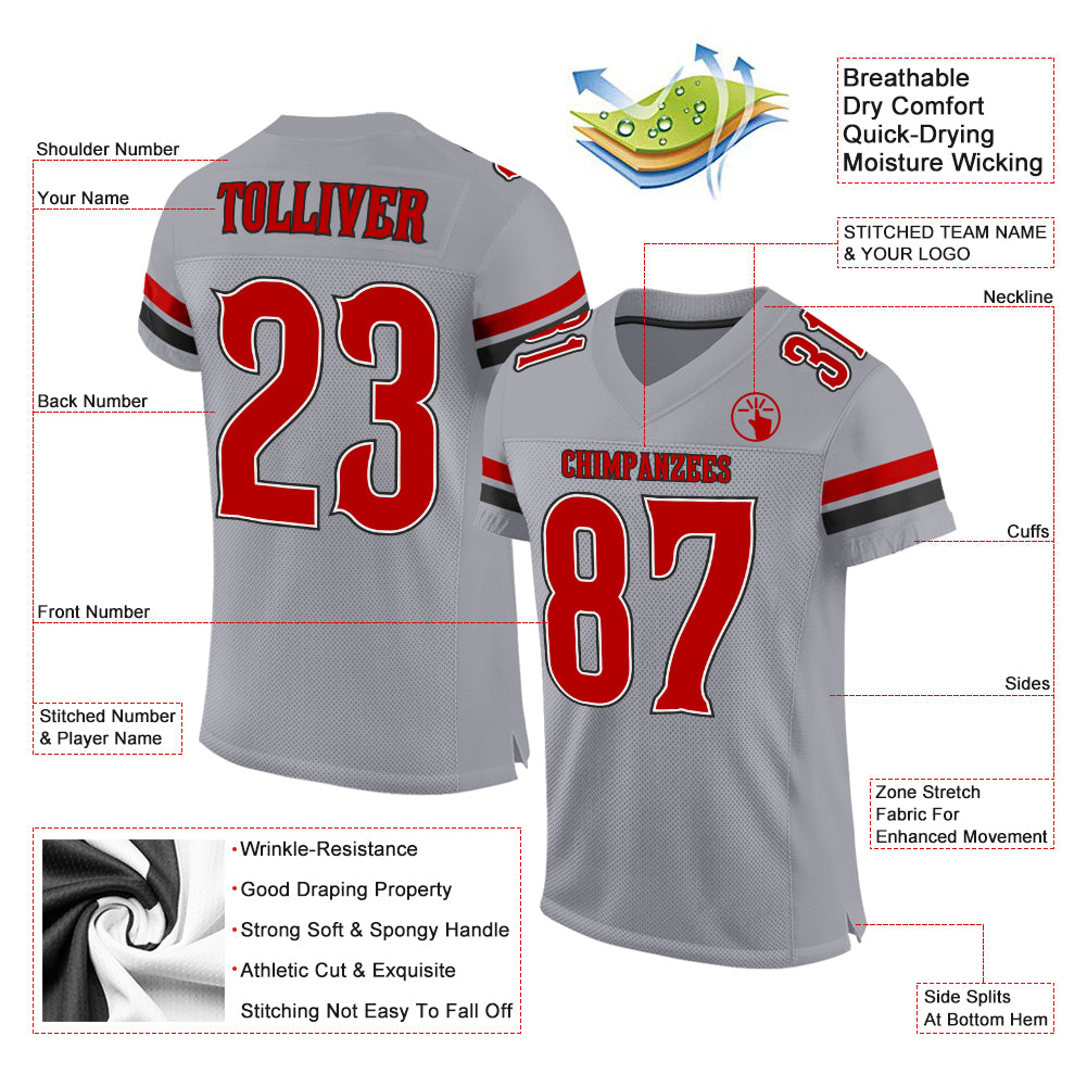 Custom Light Gray Red-Black Mesh Authentic Football Jersey Discount