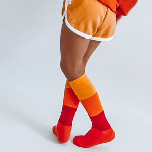 
            
                Load image into Gallery viewer, Socks | Knee High | red + orange + yellow  horizontal stripes
            
        
