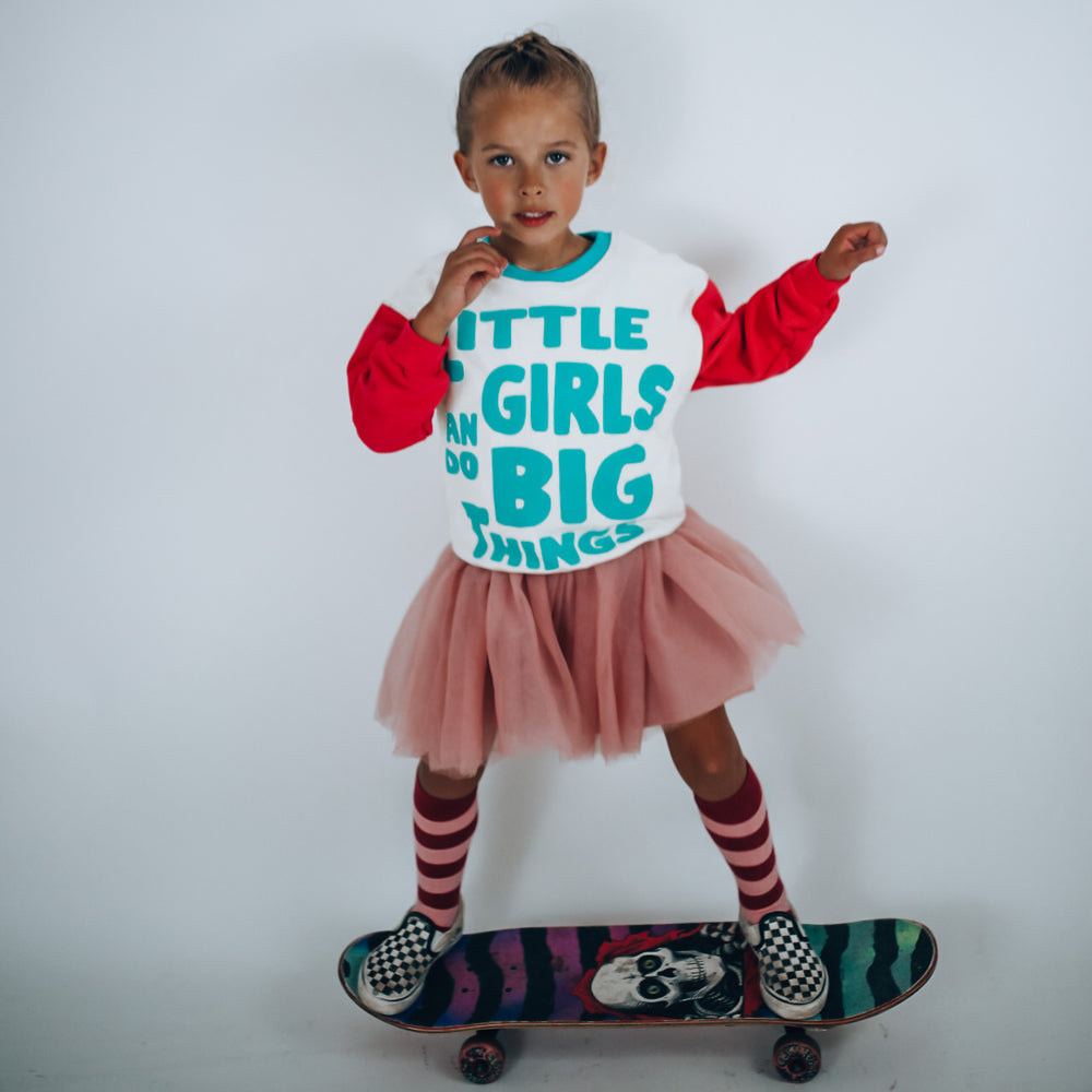 LITTLE GIRLS CAN DO BIG THINGS pullover | teal + cream + hot pink | oversized  drop shoulder | KIDS