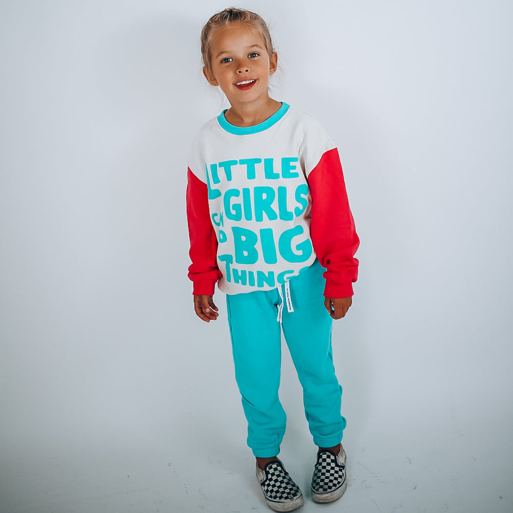 LITTLE GIRLS CAN DO BIG THINGS pullover | teal + cream + hot pink | oversized  drop shoulder | KIDS