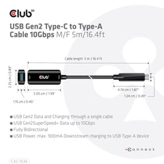 Club3D USB-C Gen2 to USB-A Cable 10Gbps Male/Female 5m/16.4ft Black