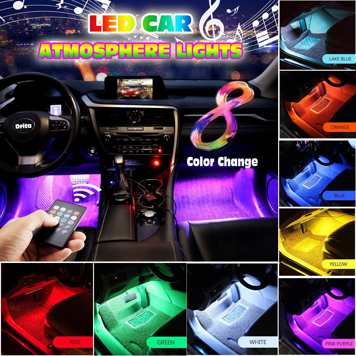 RGB Car Interior Lights Bluetooth App Control Lighting Kits Interior Car Lights DC 12V Automotive Neon Accent Light Kits Led Strip Lights for Cars CHUSSTANG 48 LEDs 4pcs Car Led Lights 