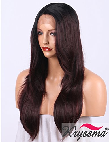 Kryssma 99j Ombre Lace Front Wigs For Women Long Natural Straight Black To Burgundy Synthetic Wig With Deep Parting L Part Lace Wig 20 Inches