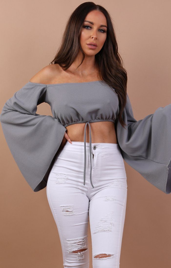 Grey Bardot Flared Crop Top - Fern