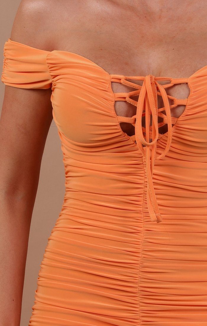 Orange Slinky Ruched Bardot Dress - Carli