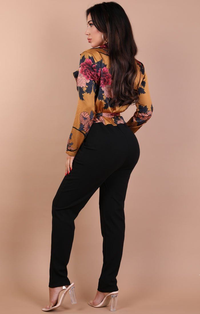 Mustard Floral Satin Tie Up Jumpsuit – Hayley
