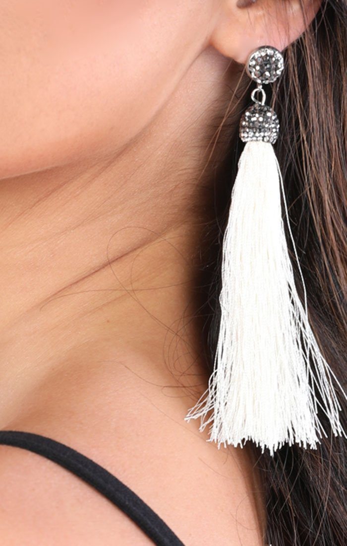 Cream Embellished Tassel Earrings