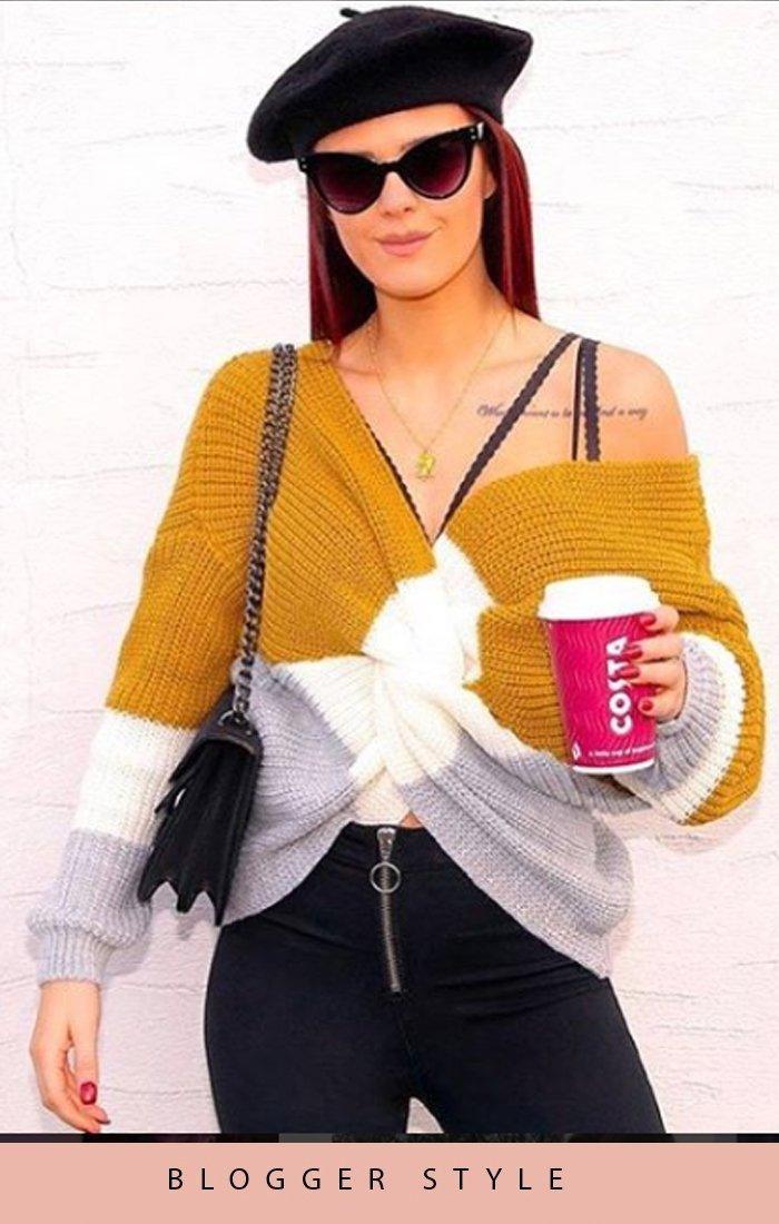 Mustard Striped Front Wrap Knitted Jumper