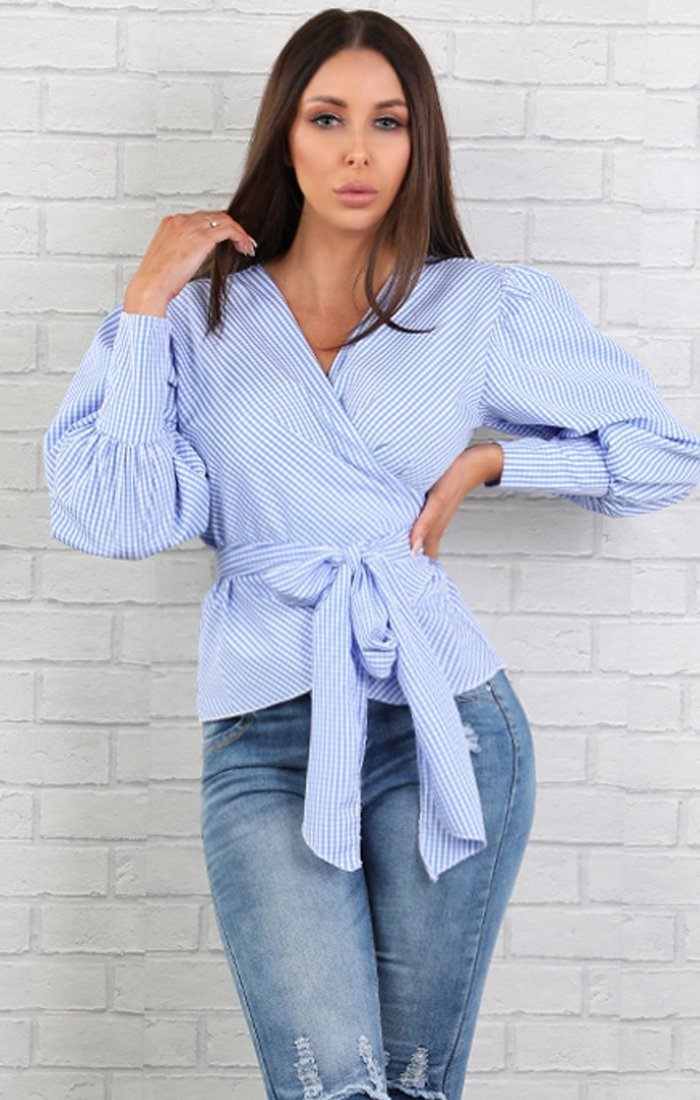 Blue Gingham Wrap Over Tie Top – Harper