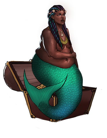 Queen, Fat Black Mermaid with braids sits on treasure chest