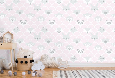 This cute pink scallop wallpaper design with sweet little animals playing peek a boo will engage any child!