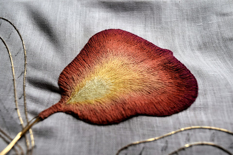 Iris petal embroidery in long and short stitch showing buttonhole edge